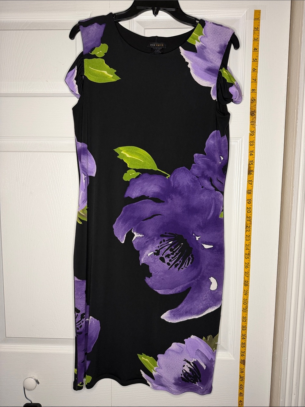 eva varro Black Midi Dress with Purple Floral Accents